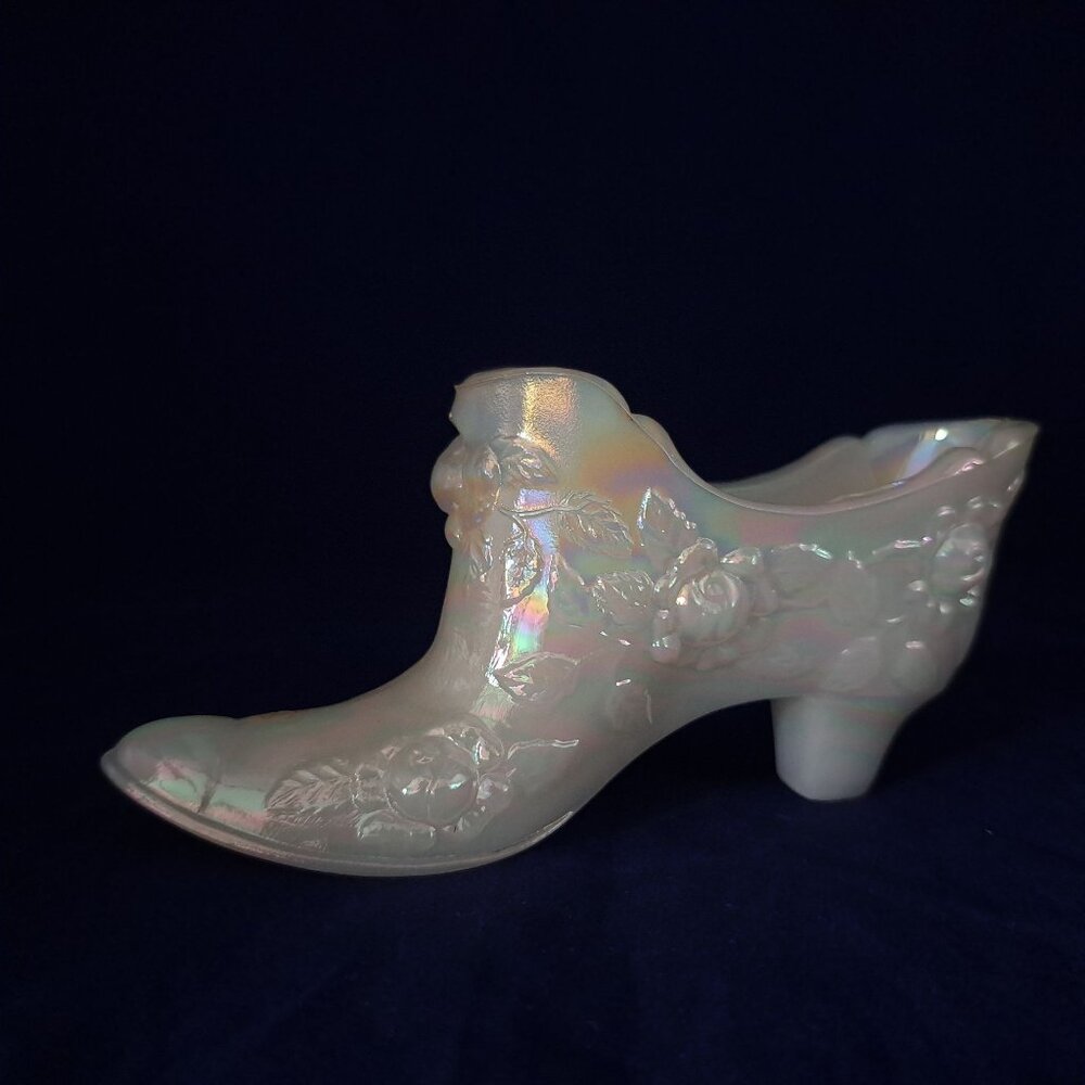 Fenton Iridescent Glass Shoe Figurine With Floral Design